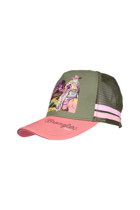 Womens Wrangler Willa High Profile Trucker Cap - Khaki Marle / Coral