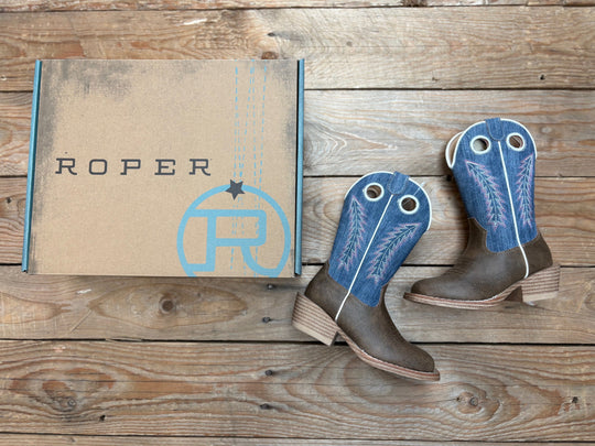 Little Kids Roper Willow Boot - Brown / Blue Denim