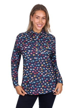 Women's Hard Slog Tori Half Placket Long Sleeve Shirt - Navy (7584052412493)