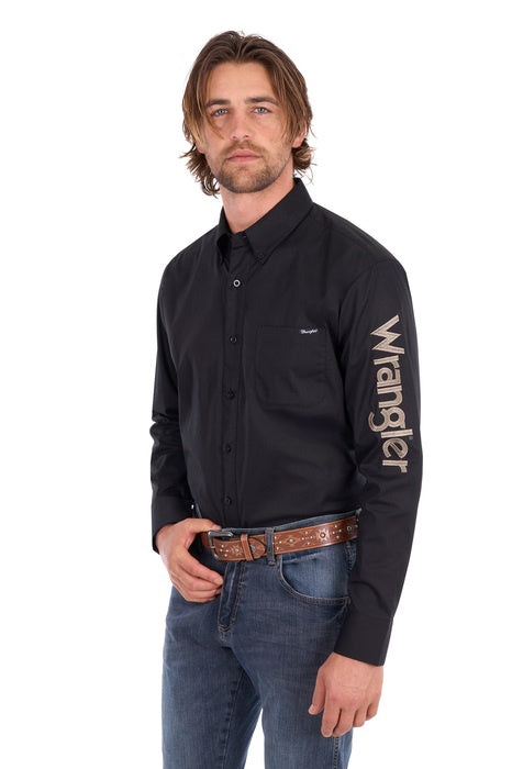 Mens Wrangler Flex Logo 1 Pocket Long Sleeve Shirt - Black with arm embroidery