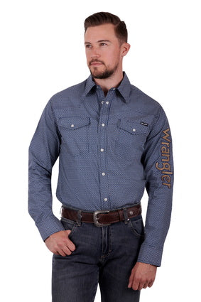 Mens Wrangler James Logo LS Shirt - Navy / Tan (6894504968269)