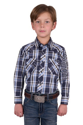 Boys Wrangler Finn Logo LS Shirt - Charcoal / Blue (7443609911373)