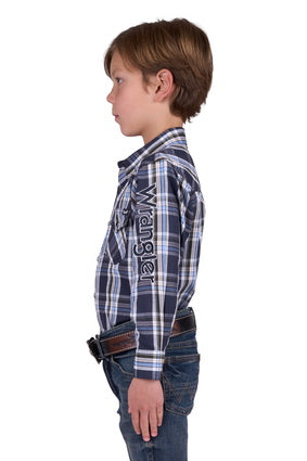 Boys Wrangler Finn Logo LS Shirt - Charcoal / Blue (7443609911373)