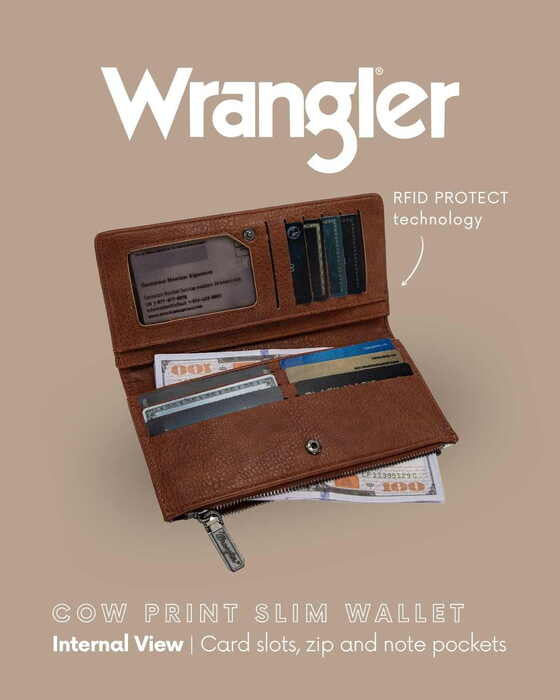 Womens Wrangler Cow Print Slim Wallet Purse - Tan or Black