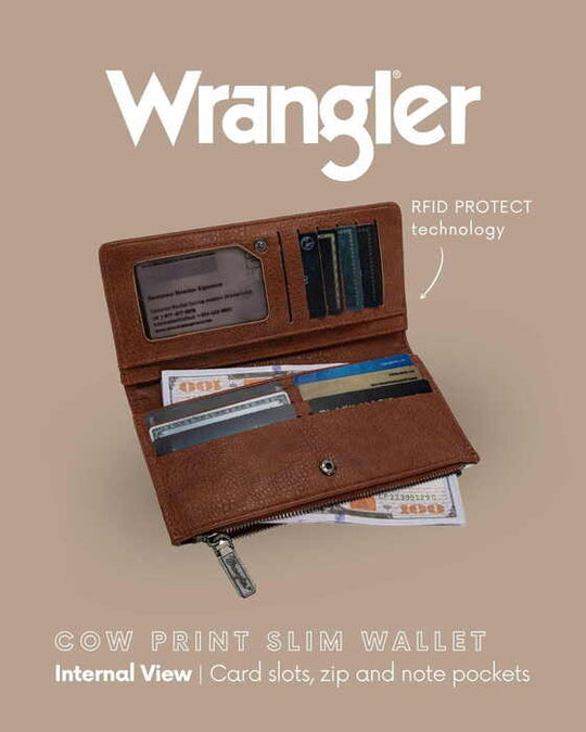Womens Wrangler Cow Print Slim Wallet Purse - Tan or Black