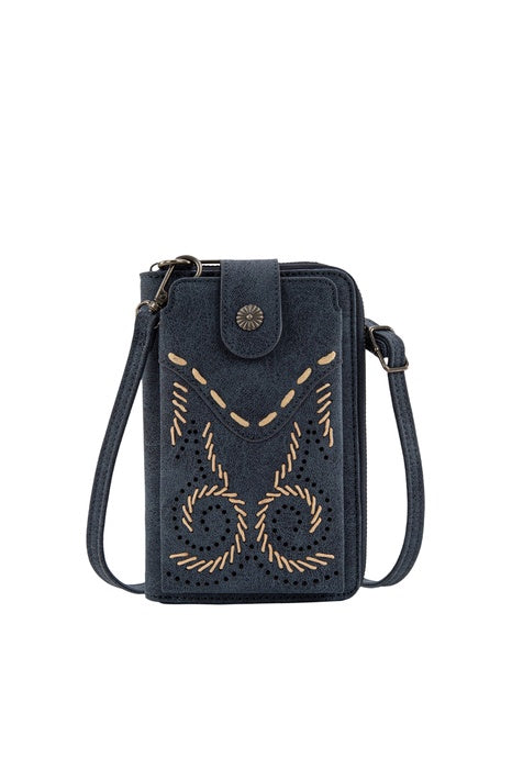 Womens Wrangler Swirl Crossbody Phone Wallet Purse Bag - Navy / Tan / Natural