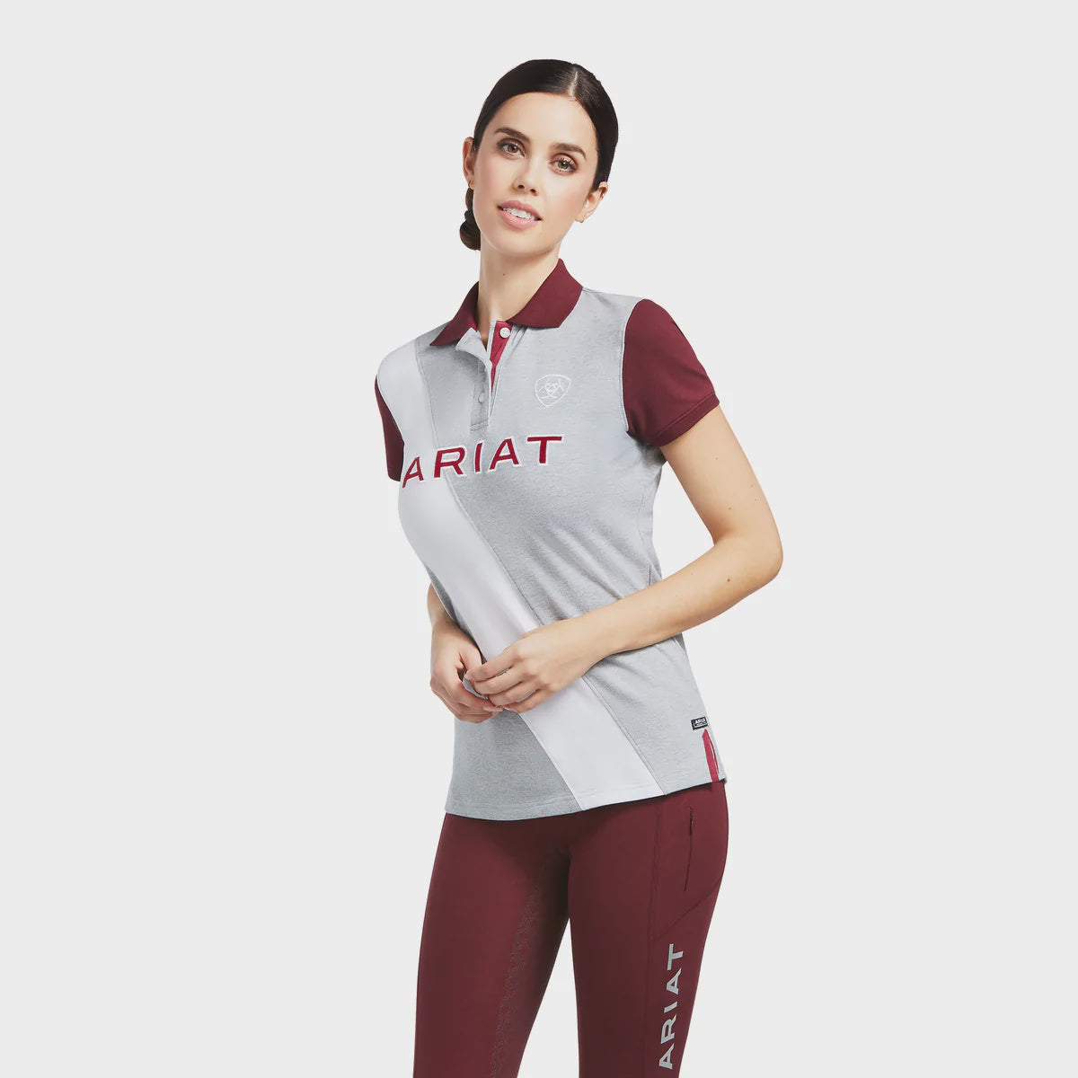 Womens Ariat Taryn Polo - Heather Grey / Burgundy (6785482555469)