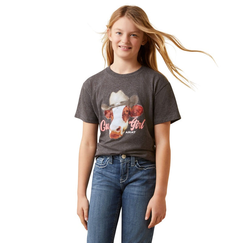 Girls Kids Ariat Cow Girl Tee Tshirt - Charcoal (6913512439885)