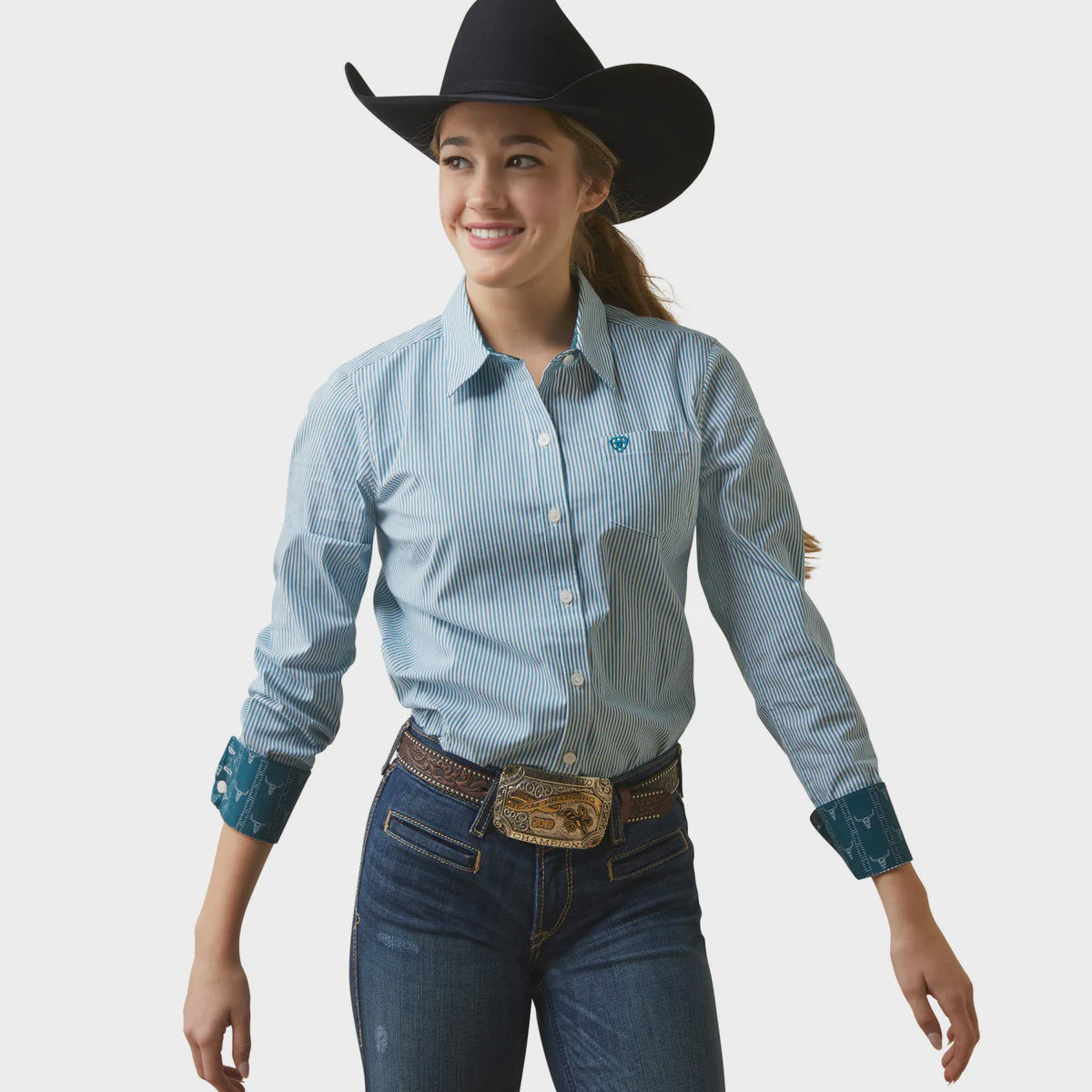 Womens Ariat REAL Kirby Stretch LS Shirt - Teal Stripe (7025712332877)