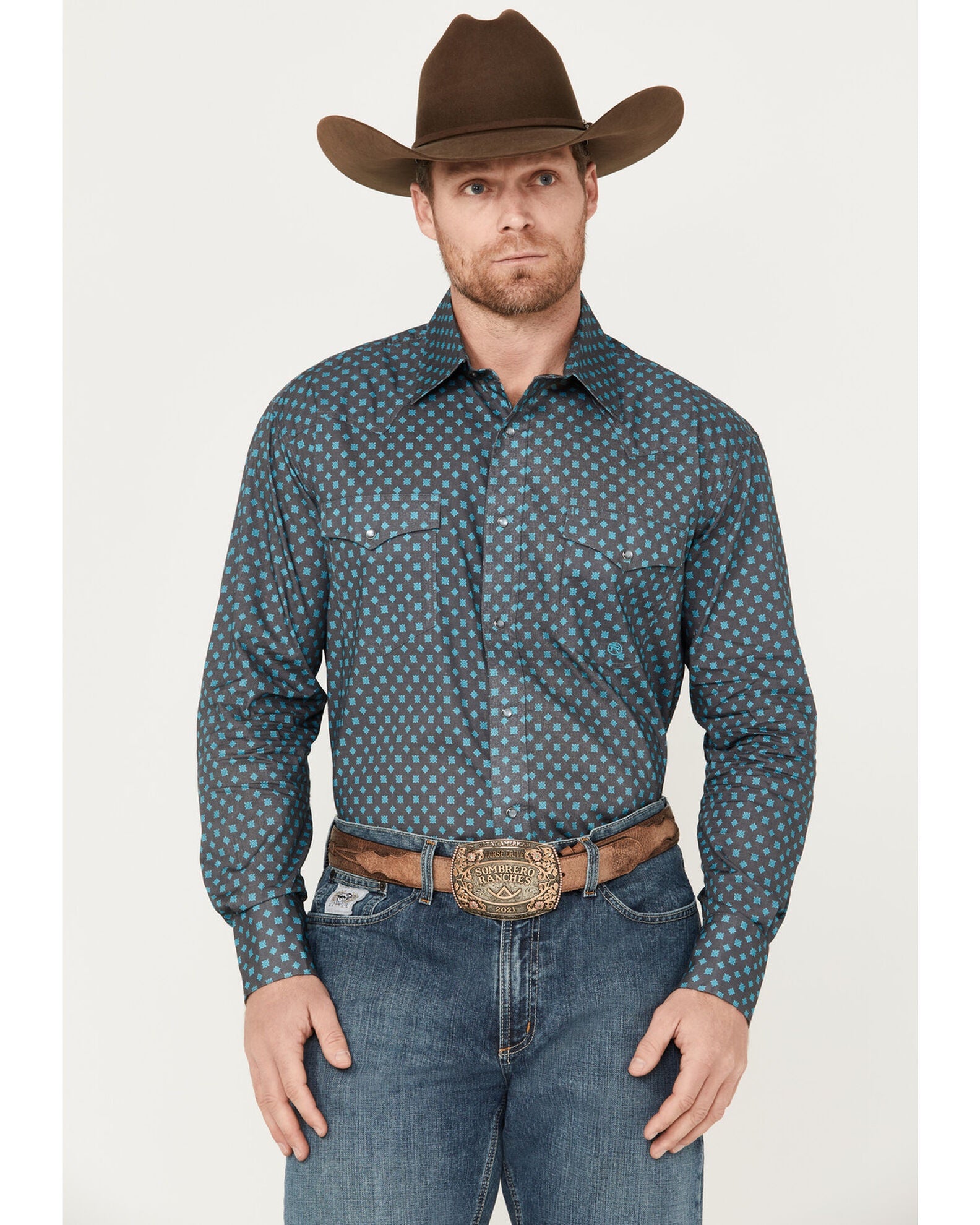 Mens Roper Amarillo Shirt - Charcoal with Aqua Print (6962153095245)