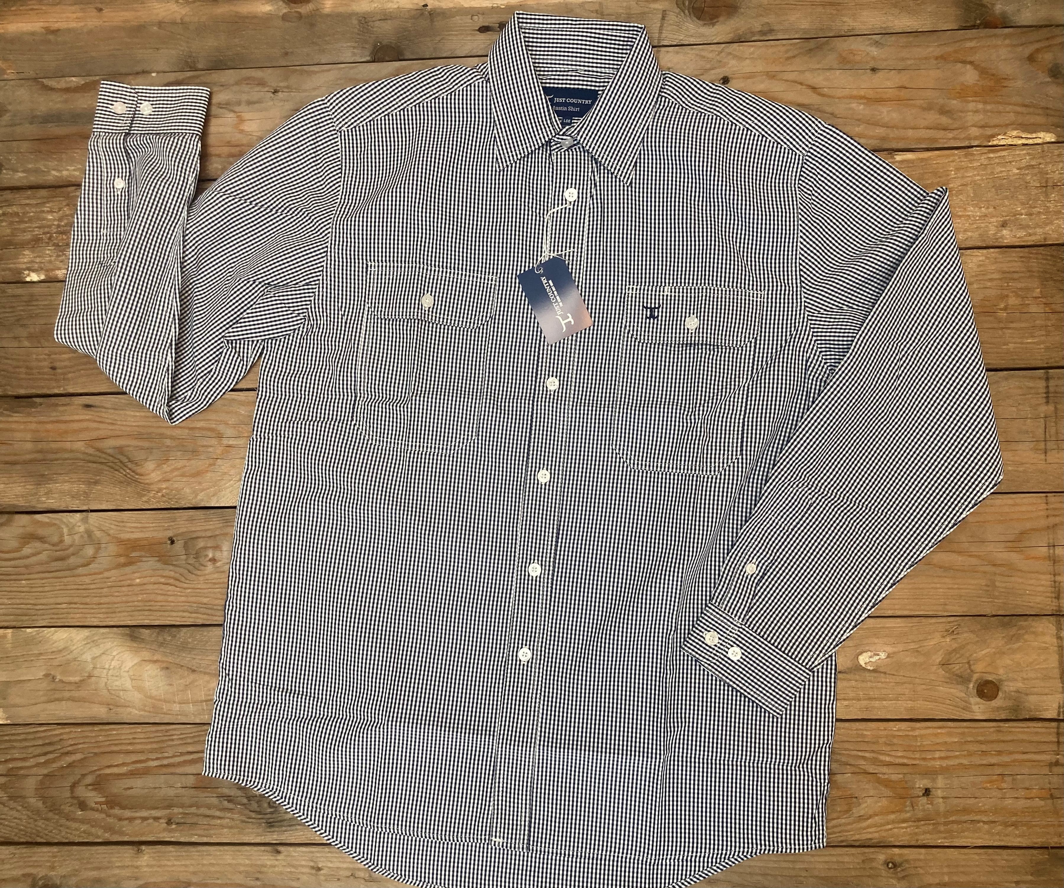 Mens Just Country Austin Full Button Workshirt - Navy or Cobalt / White Mini Check (6859776426061)