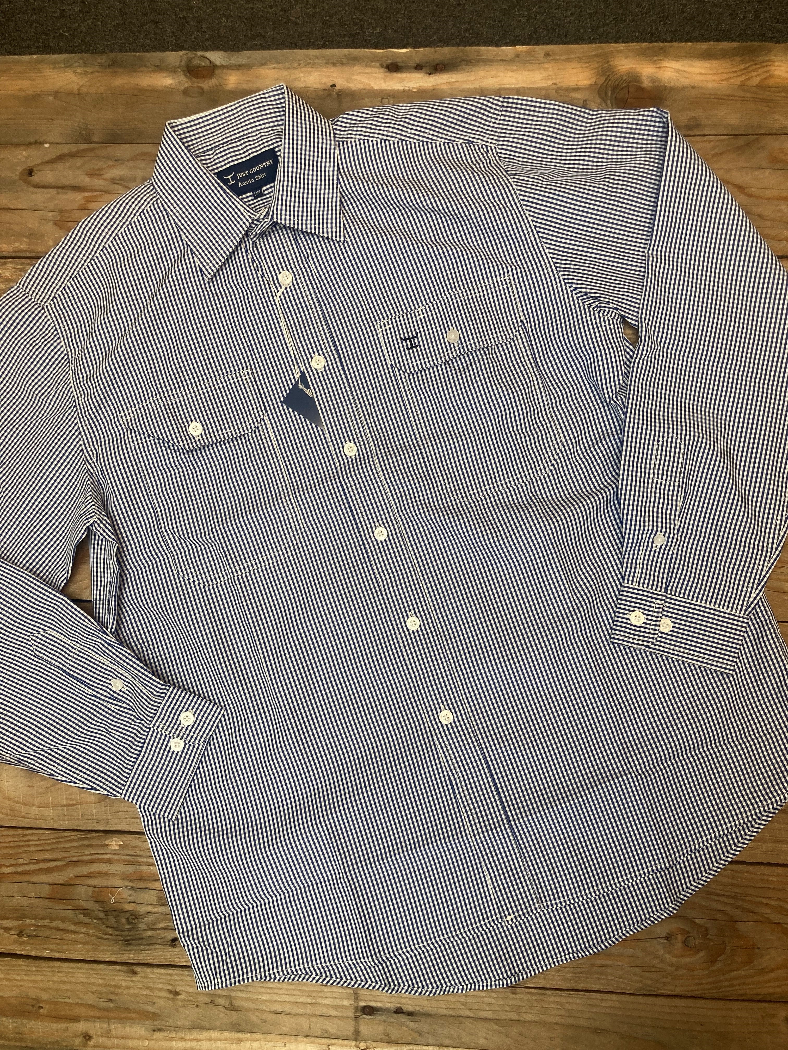 Mens Just Country Austin Full Button Workshirt - Navy or Cobalt / White Mini Check (6859776426061)