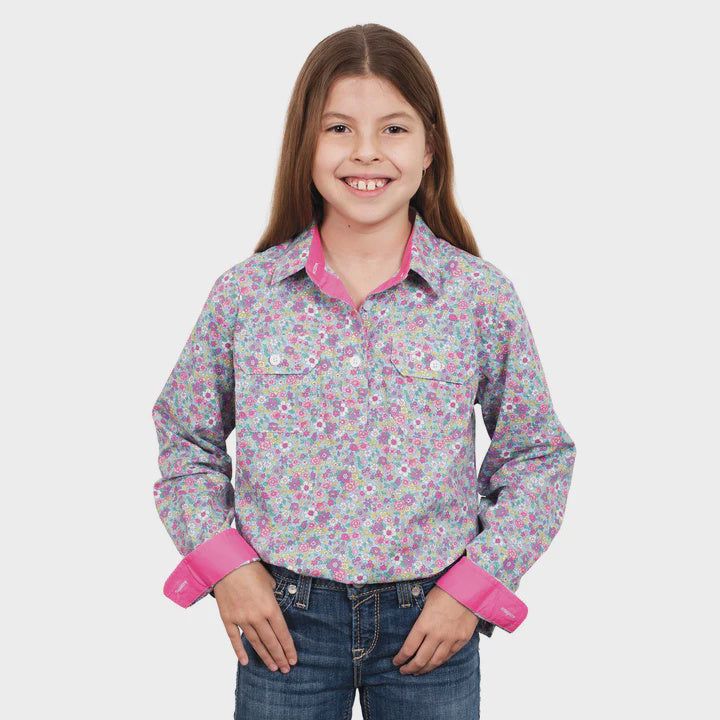 Girls Just Country Harper Half Button Workshirt - Sky Mini Floral (6913512407117)