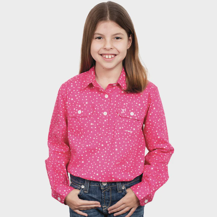 Girls Just Country Harper Half Button Workshirt - Hot Pink Stars (6913512374349)