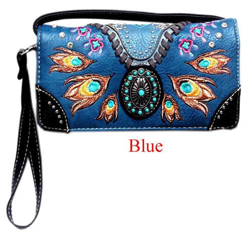Ladies Purse- Western Themed- Blue Faux Leather peacock (6701230227533)