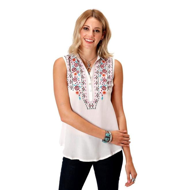 Womens Roper Studio West Embroidered Sleeveless Blouse- White (6751941754957)