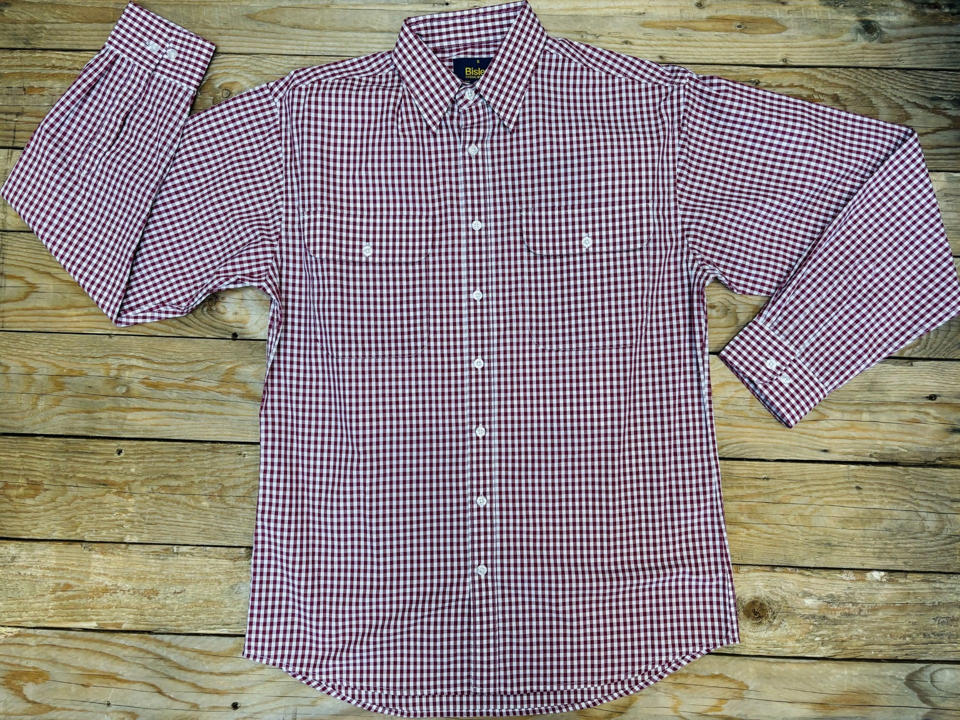 Mens Bisley Small Check LS Shirt - Maroon/White (7012133142605)
