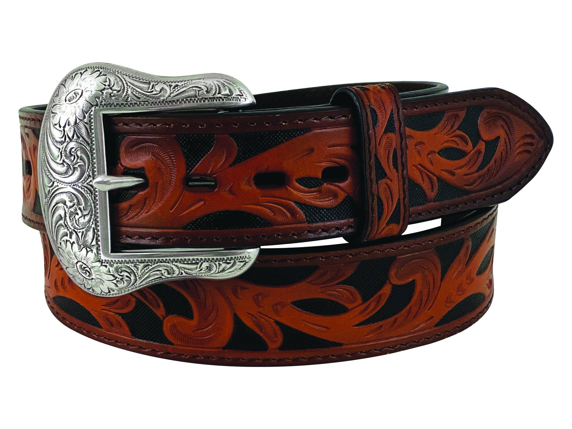 Mens Roper Tooled Leather Belt - Antique Tan (6664785592397)