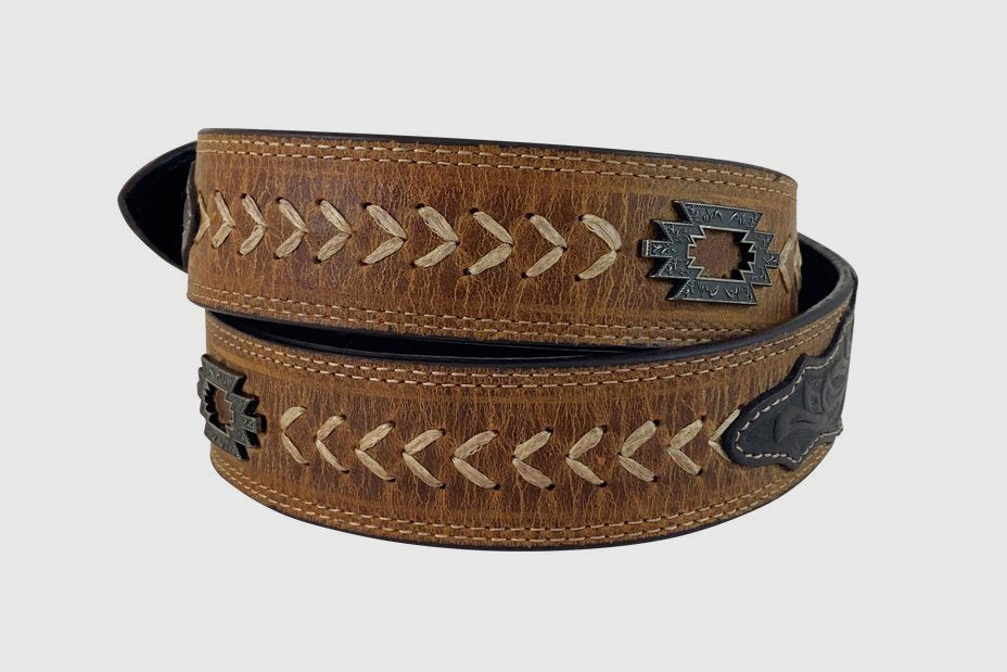 Mens Roper Distressed Leather Arrow Stitch Aztec Concho Belt (6833377738829)