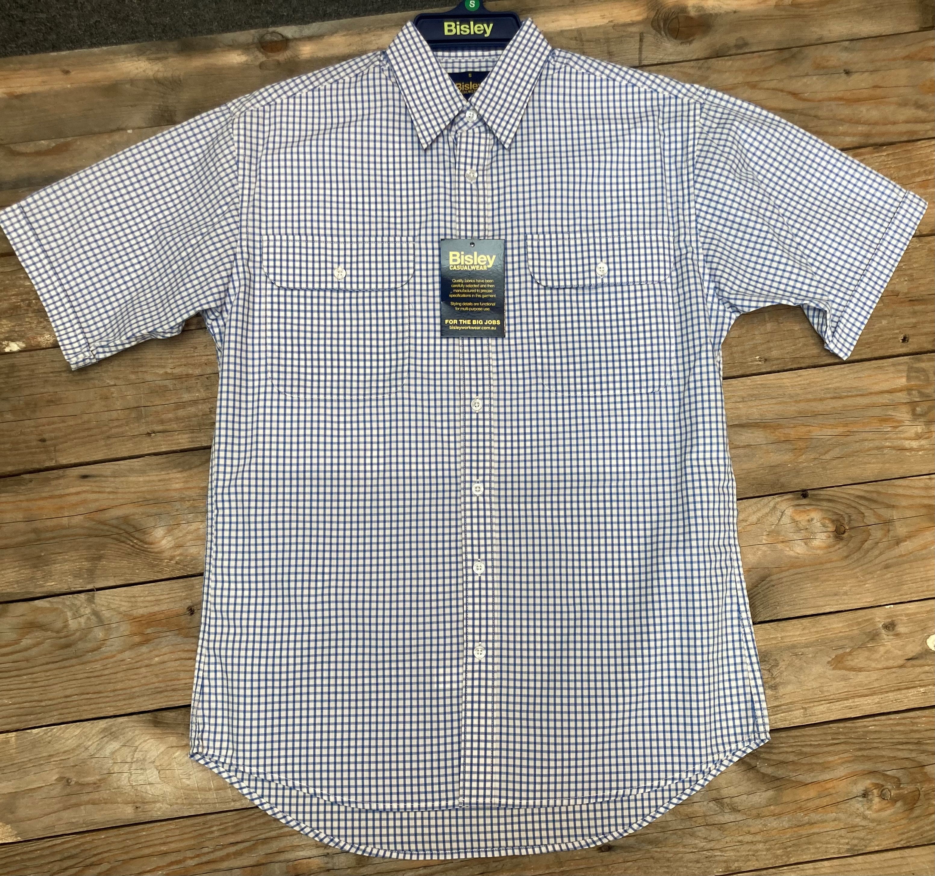 Mens Bisley Small Check Blue / Poly/Cotton Short Sleeve Shirt (6856617754701)