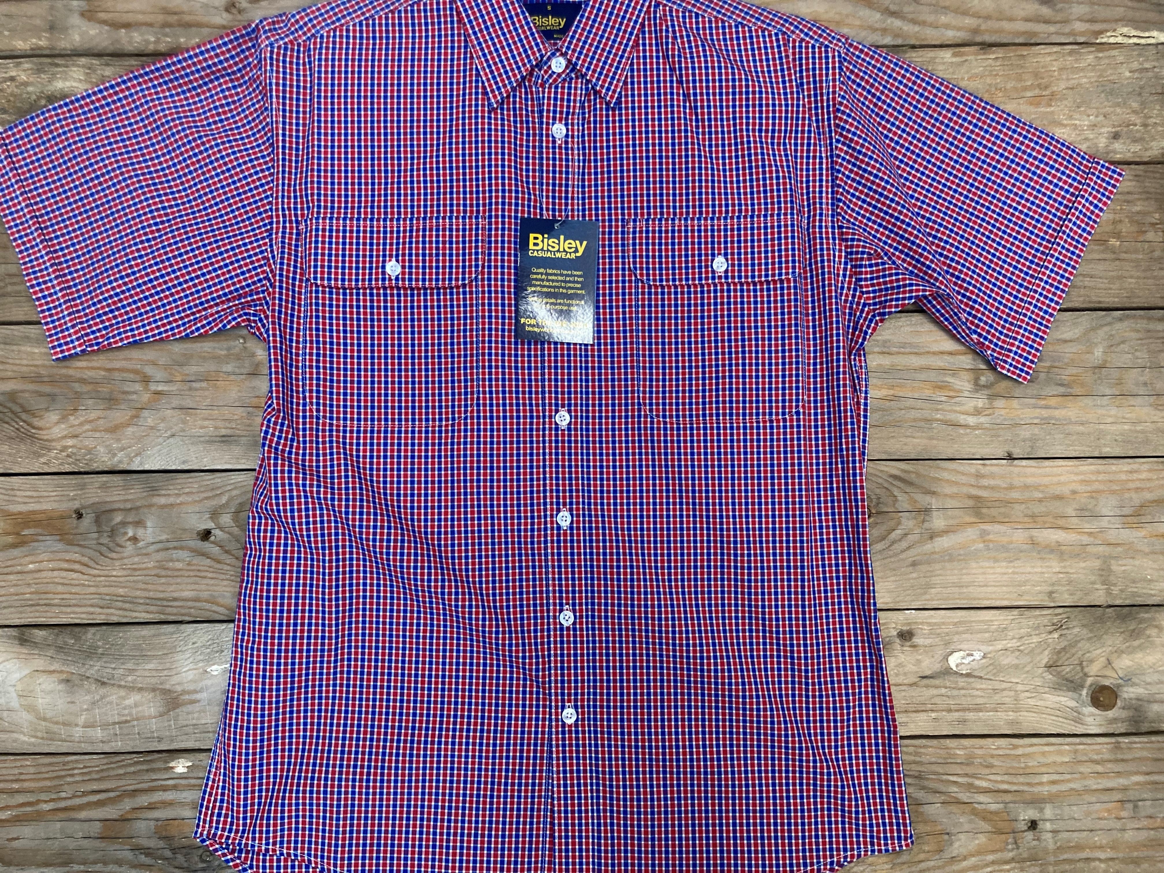 Mens Bisley Small Check Red and Poly/Cotton Short Sleeve Shirt (6856617918541)