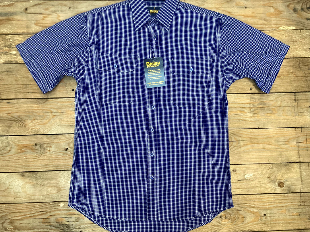 Mens Bisley Small Check Royal Poly/Cotton Short Sleeve Shirt (6856617951309)