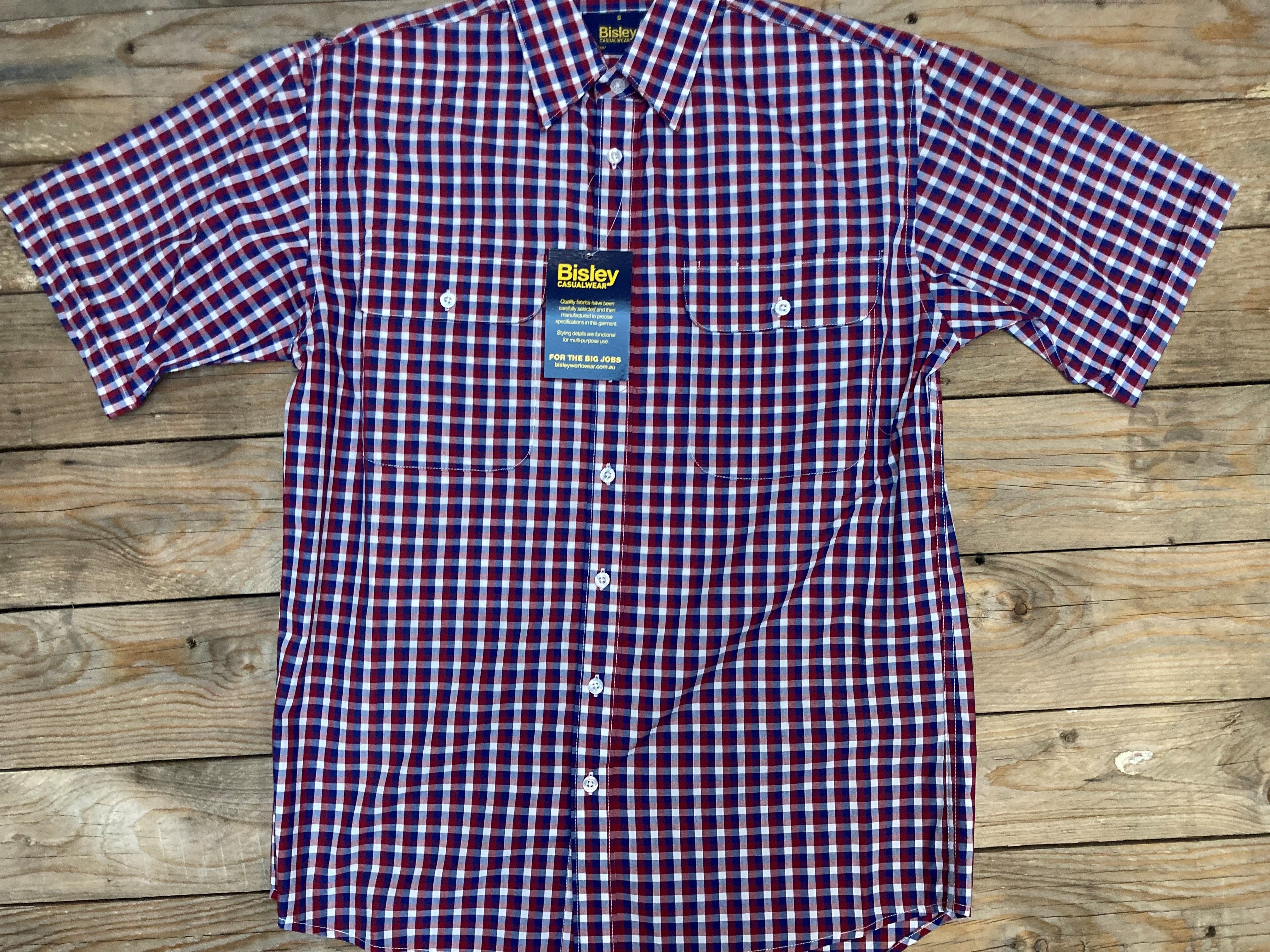 Mens Bisley Small Check Red Poly/Cotton Short Sleeve Shirt (6856617984077)