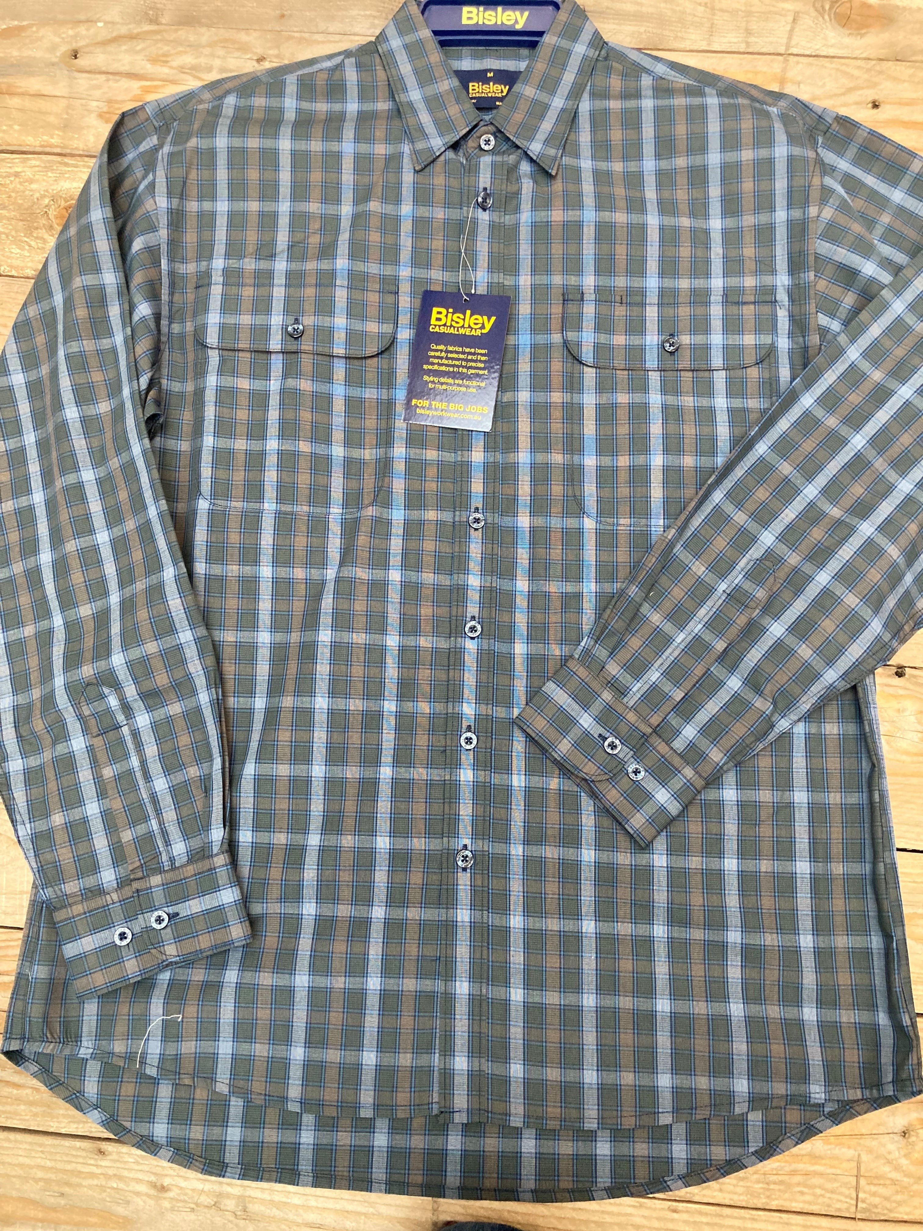 Mens Bisley Grey/Green/Blue Medium Check LS Shirt (6851114827853)
