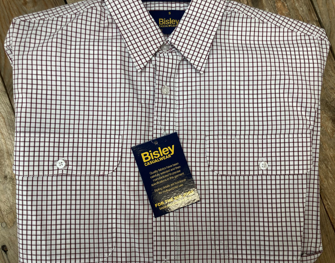Mens Bisley Med Check Maroon/White LS Shirt (6904077025357)