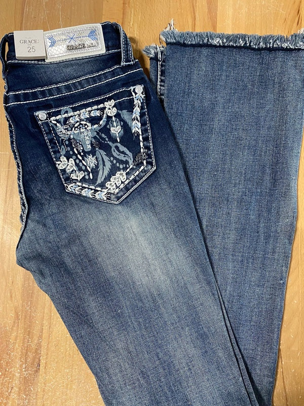 Womens Grace in LA Easy Fit Steer Head &amp; Feather Boot Cut Raw Hem Jean - 36 Leg (6850901114957)
