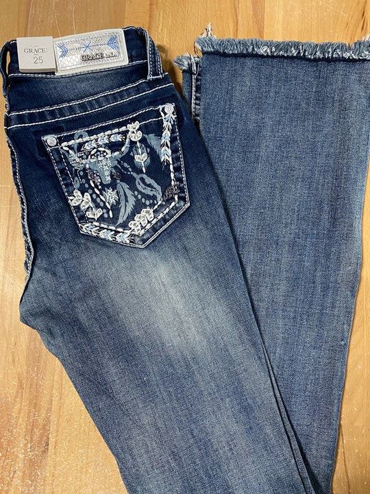 Womens Grace in LA Easy Fit Steer Head &amp; Feather Boot Cut Raw Hem Jean - 36 Leg (6850901114957)