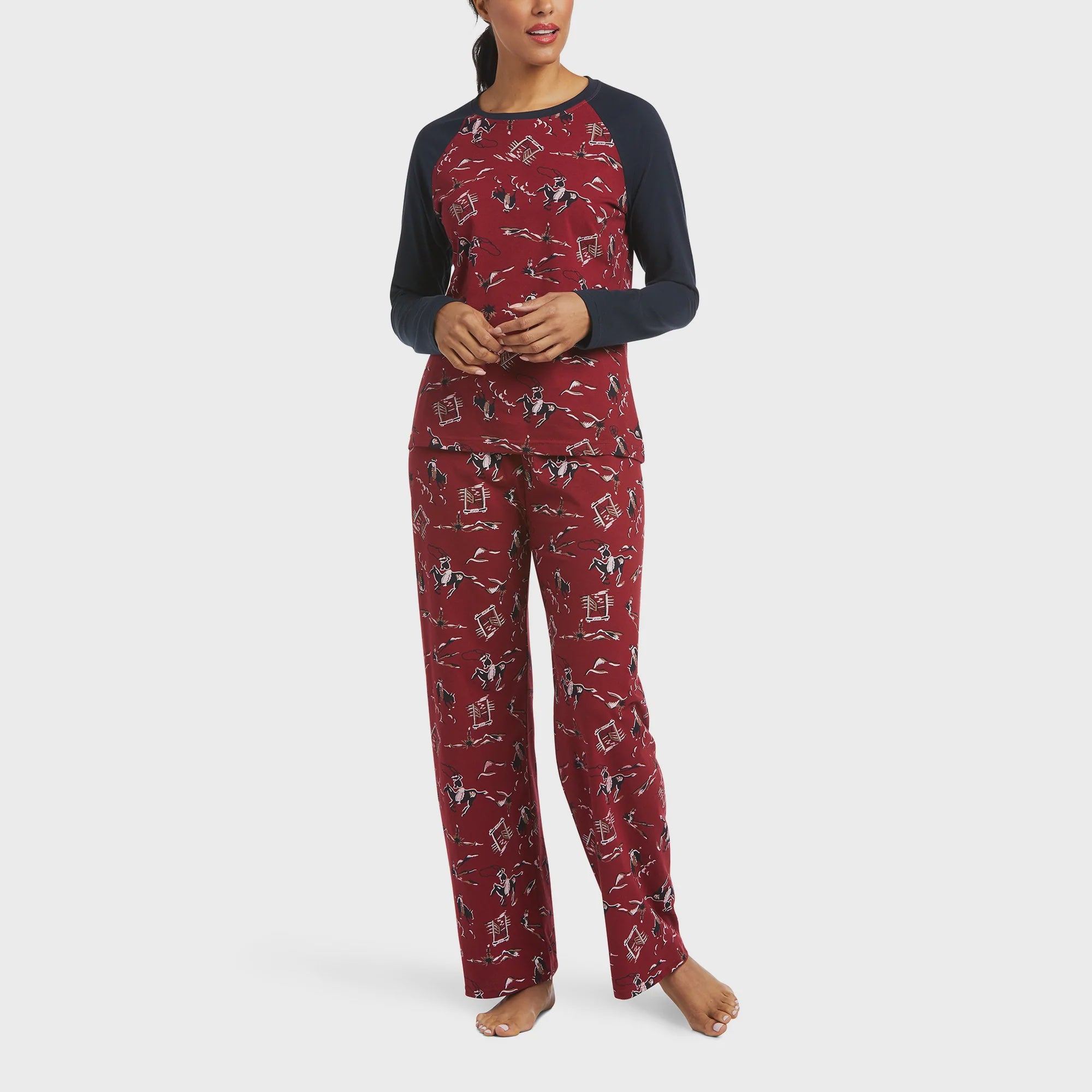 Womens Ariat Long Cotton/Poly PJ Set - Rhubarb Horse (6761831530573)