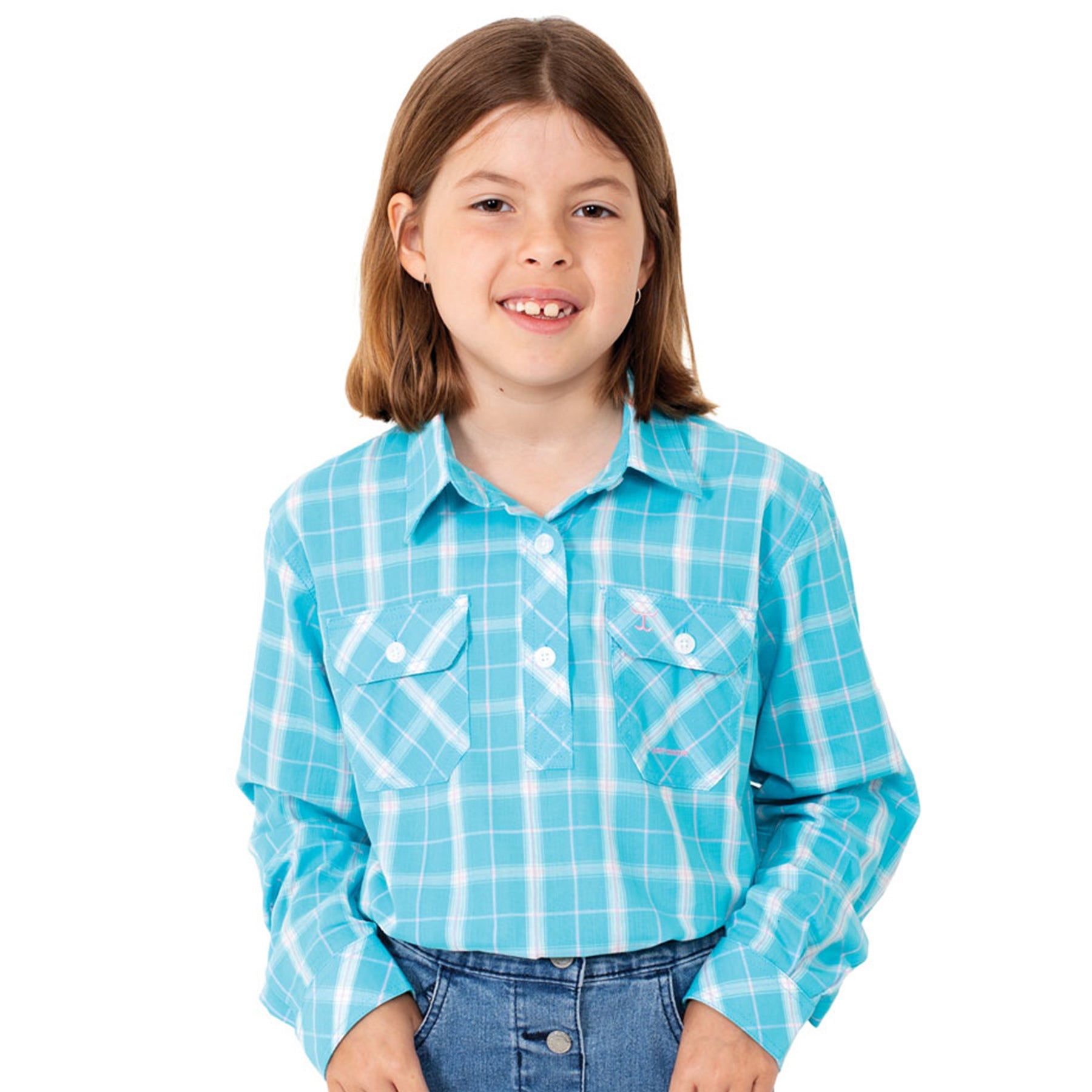 Girls Just Country Harper 1/2 Button Workshirt - Aqua Plaid (6722747433037)