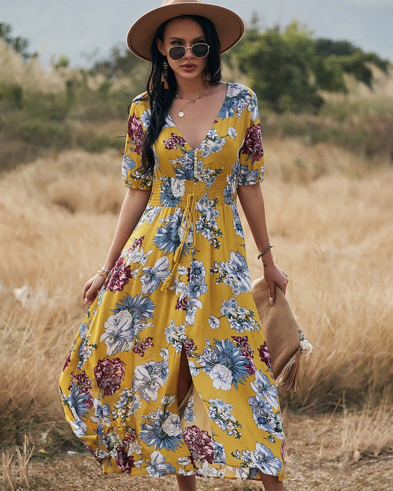 Womens Lacey Maxi Dress - Mustard (6709339881549)