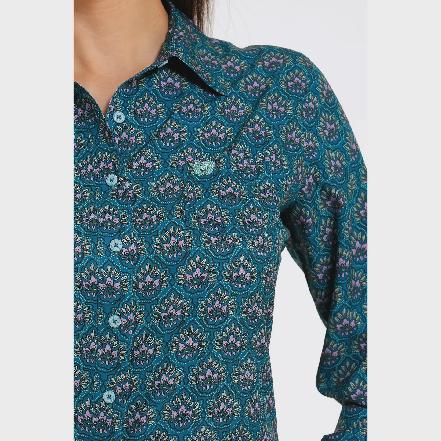 Womens Cinch Arena Flex Teal Patterned Button Down Shirt (6928114614349)