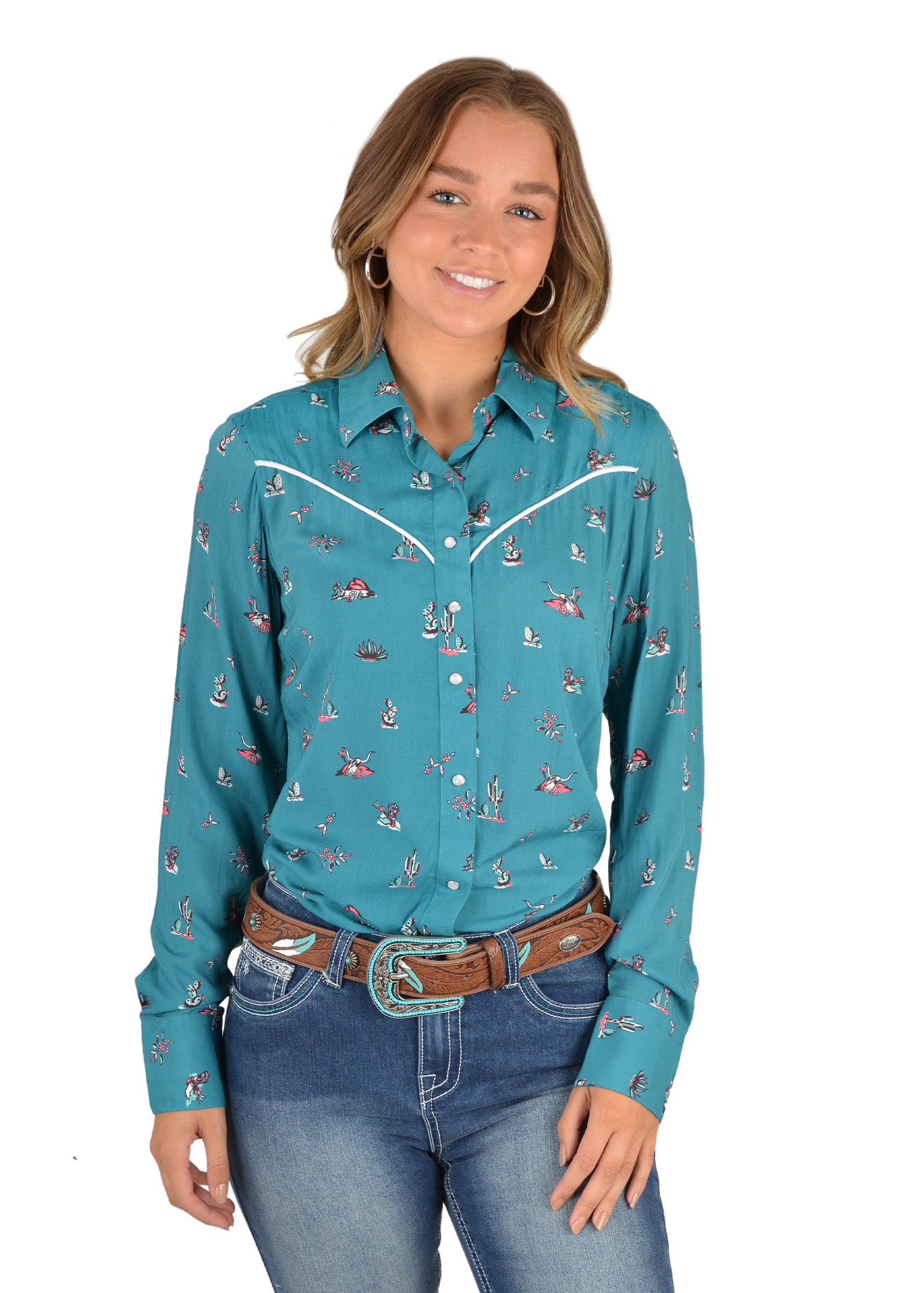 Womens Pure Western Becca Print Western Shirt - Teal (6785432617037)