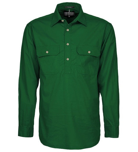 Mens Pilbara L/S Half Button Workshirt - Green (Bottle) (6884594450509)