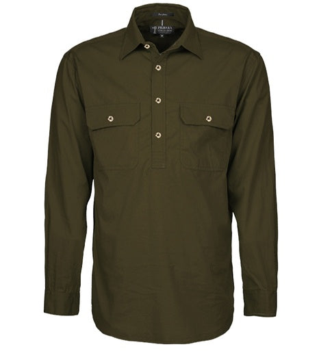 Mens Pilbara L/S Half Button Workshirt - Olive (6884594483277)