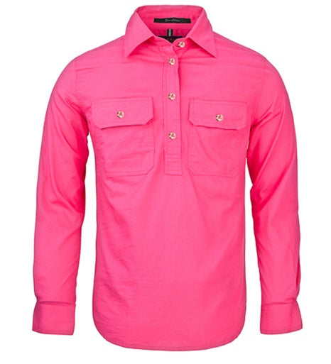 Womens Pilbara L/S Half Button Workshirt - Hot Pink (6884977279053)