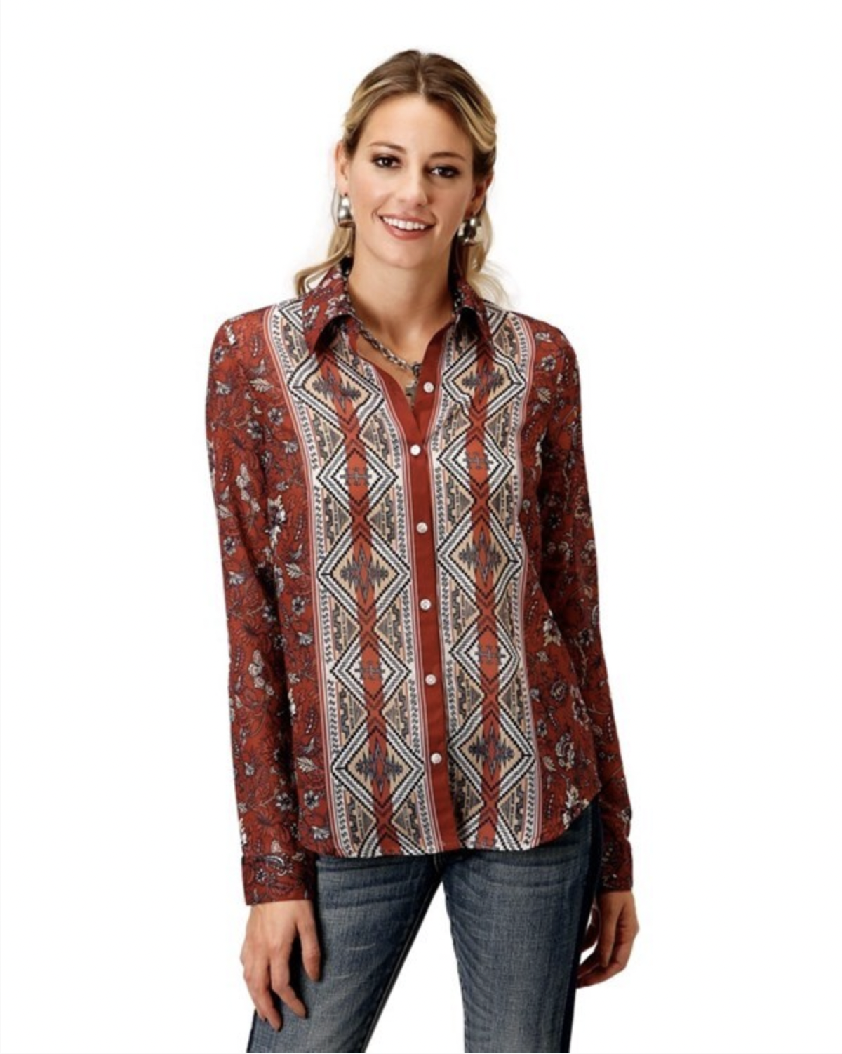 Womens Roper Studio West Western Rust Print LS Shirt (6916197482573)