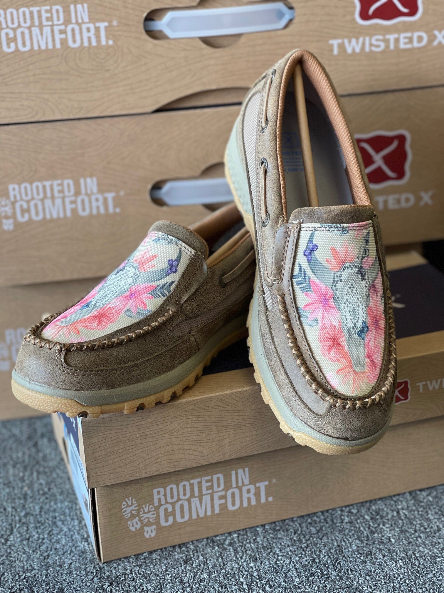 Womens Twisted X Skull Flower Slip On Mocs - Bomber / Tan / Rose (6831866970189)