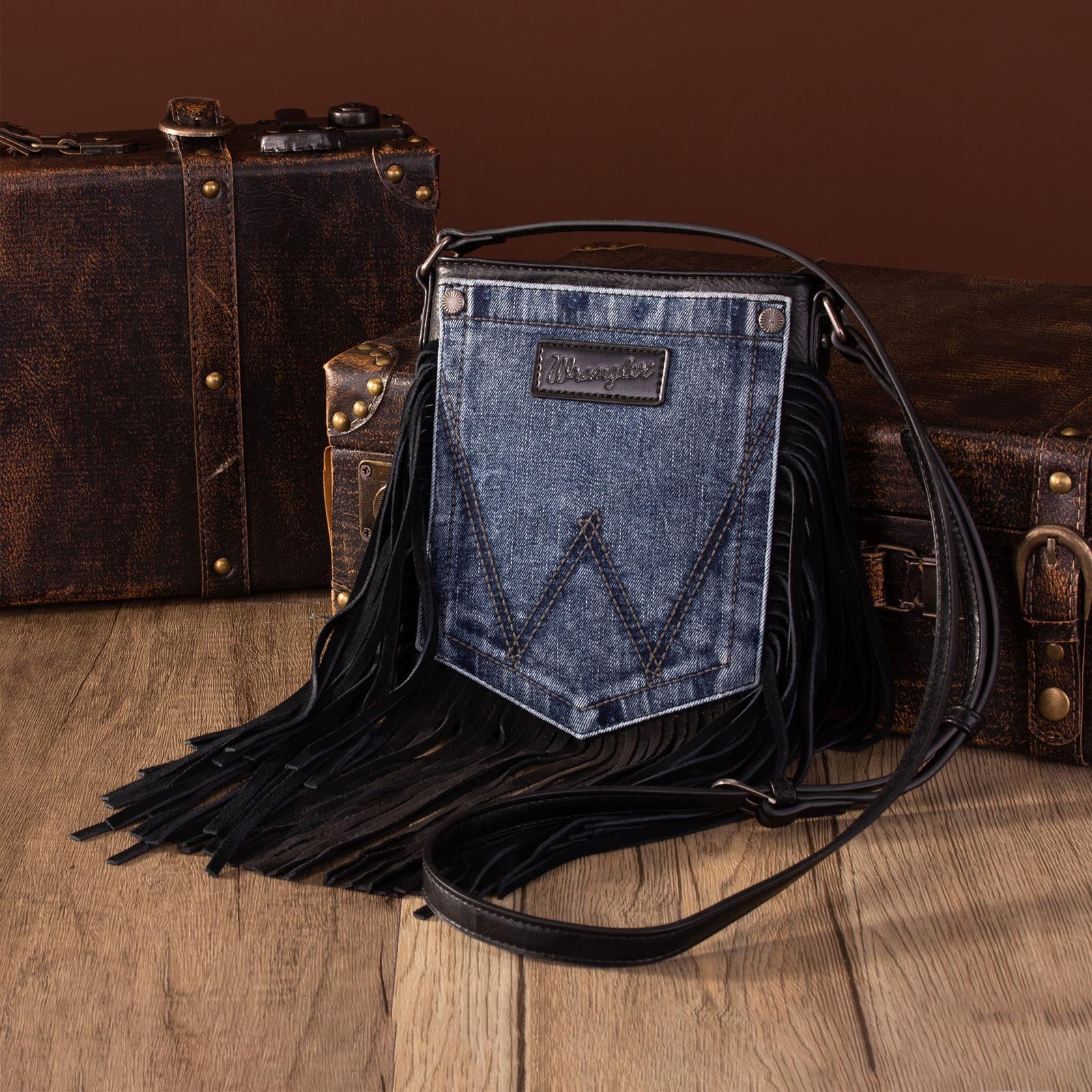 Wrangler Leather Fringe Denim Pocket Crossbody Bag - Black (6969633603661)