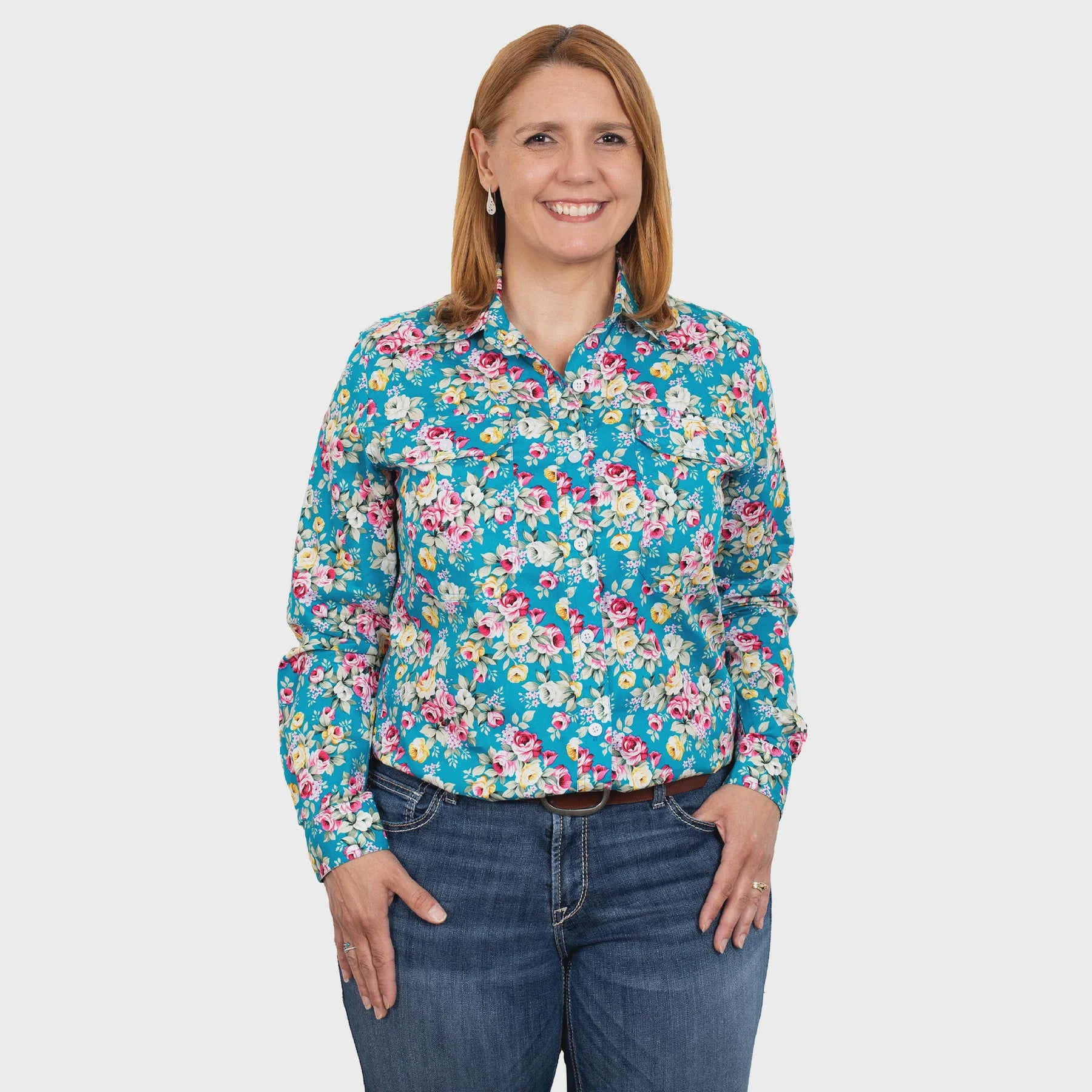 Womens Just Country Abbey Full Button Workshirt - Teal Peonies (6913496842317)