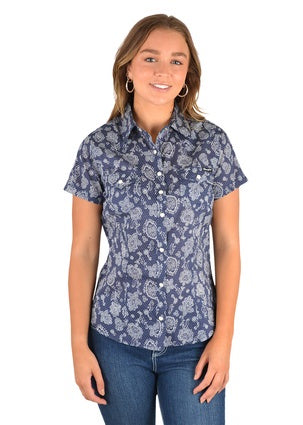 Womens Wrangler Aliza Print Western Short Sleeve Shirt - Navy/White (6785440546893)