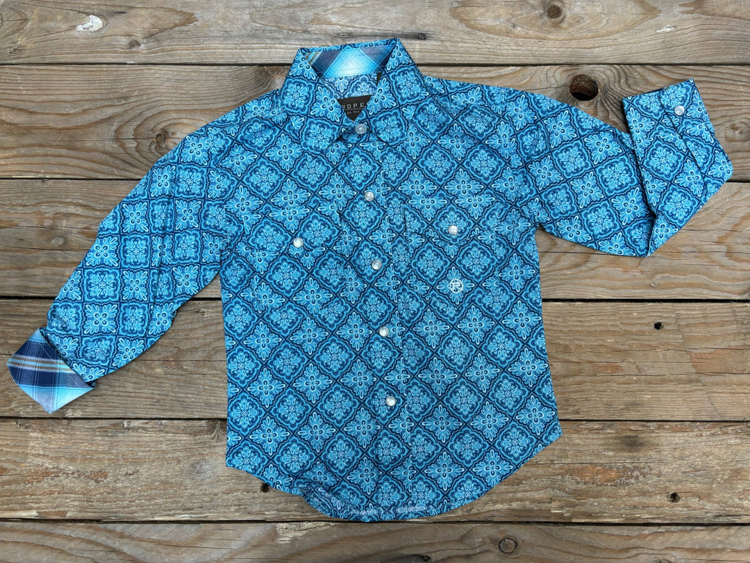 Boys Roper Amarillo Collection L/S Blue Print Shirt - Blue (7025696997453)