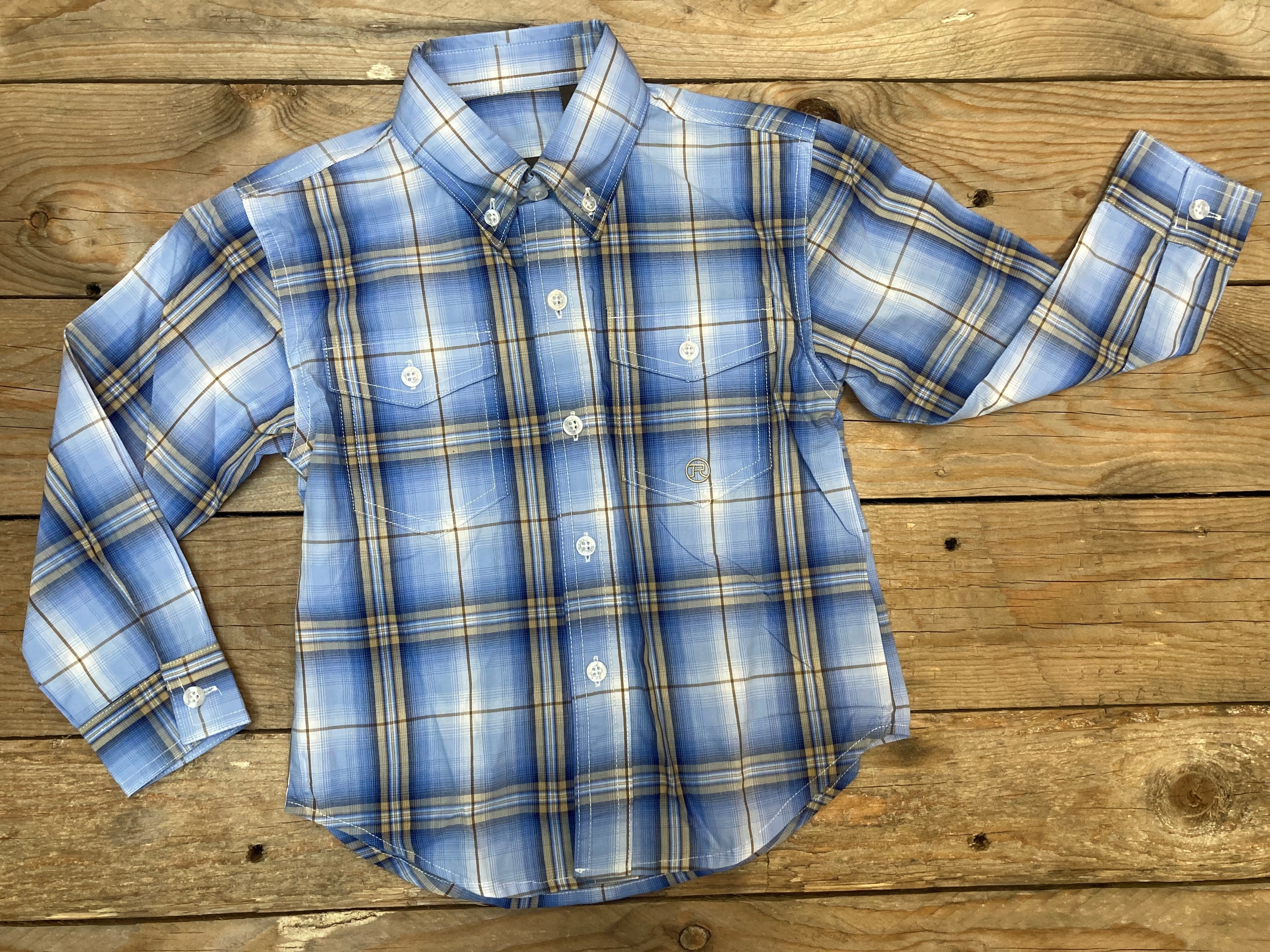 Boys Roper Amarillo Plaid Blue Long Sleeve Shirt (6913511948365)