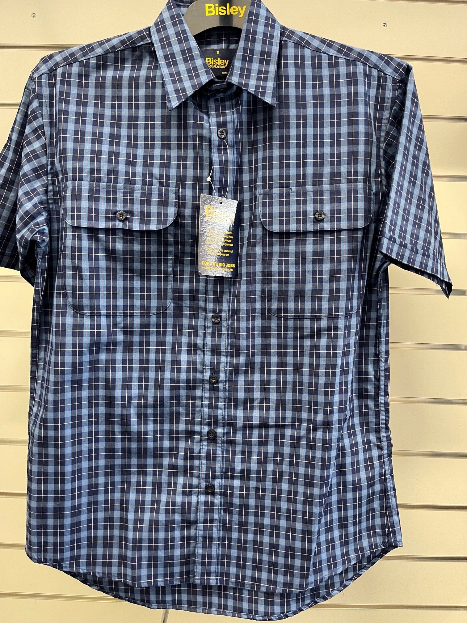 Mens Bisley SS Cotton Med Check Navy s22 (6684313387085)