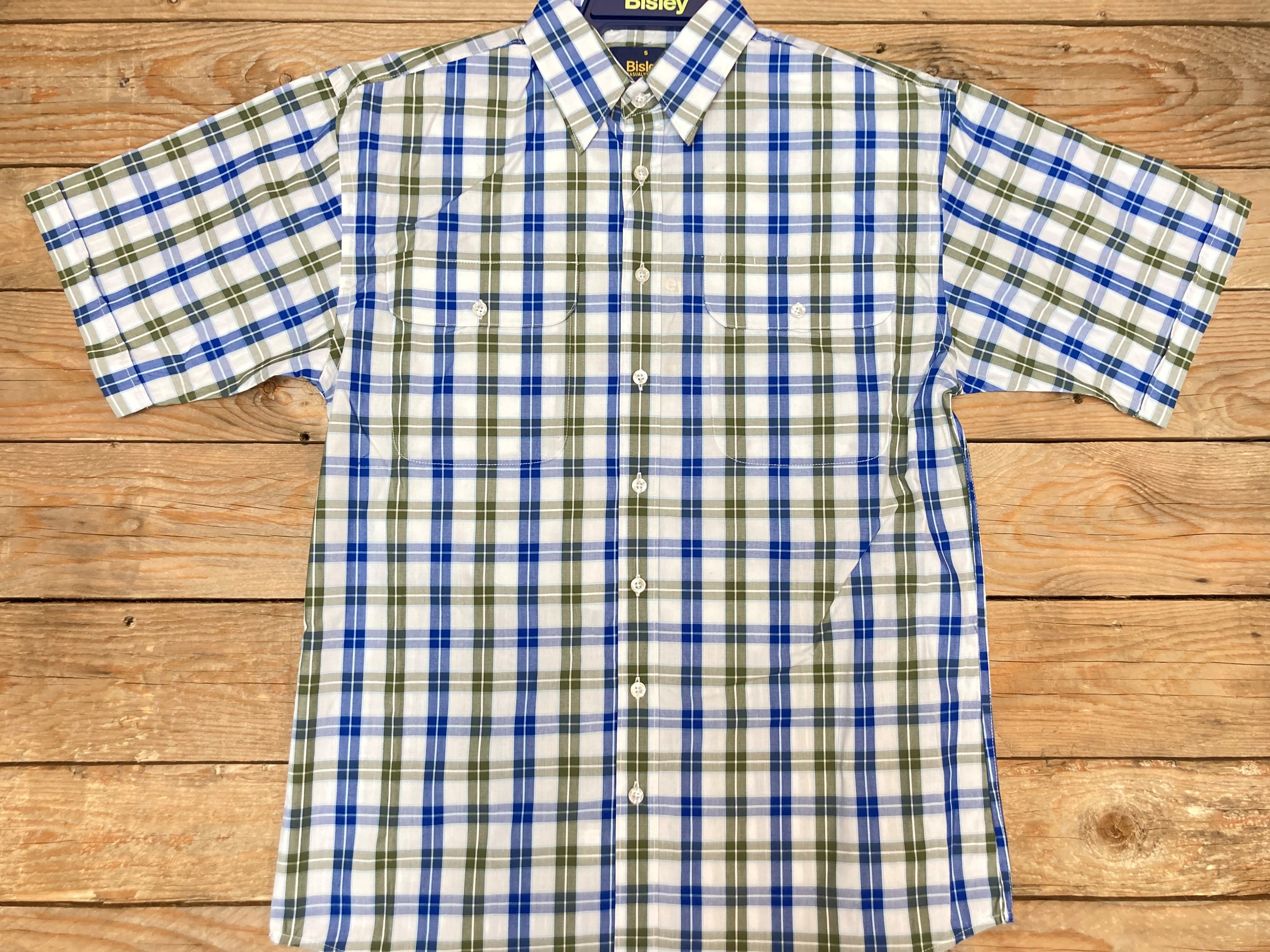 Mens Bisley S/S Large Check Olive Green, White & Blue (6904079056973)