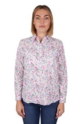 Womens Hard Slog Candy Half Button LS Shirt - White / Pink (7031155753037)