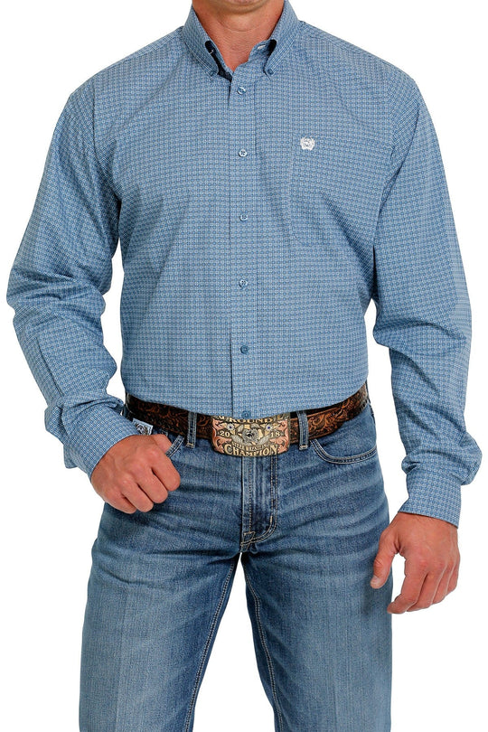Mens Cinch Square Pattern Print Button Down Shirt - Blue (7012107485261)